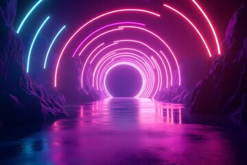 Abstract futuristic tunnel with neon lights, glowing lines in pink and blue colors. Virtual background