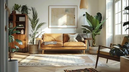 Modern Scandinavian home interior with an elegant living room featuring a comfortable sofa, mid-century furniture, a cozy carpet, wooden floor, white walls, and home plants