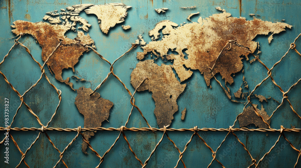 Poster a world map with fences and barriers drawn between continents, symbolizing division and separation. 