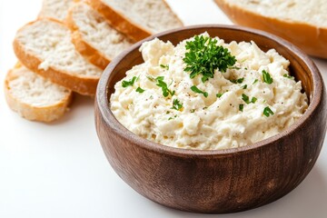 Bavarian Obazda cheese spread with bread, a traditional German delicacy, made with creamy cheese, butter, onions, paprika, and spices, served in a wooden bowl with fresh parsley.