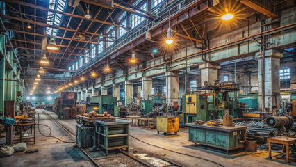 Idle industrial factory interior with rusty metal machinery, massive equipment, scattered toolboxes, tangled wires, and spotlights illuminating empty workstations awaiting maintenance attention.