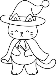 Halloween Cute cat wearing a witch costume outline coloring