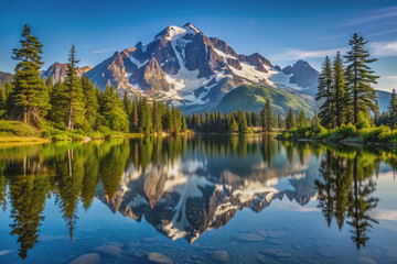 Fototapeta premium Serene Mount Shuksan mirrors itself on the tranquil lake's glassy surface in North Cascades National Park, Washington, surrounded by lush greenery and rugged mountains.