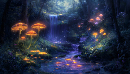 Fototapeta premium A mystical forest with glowing mushrooms, winding rivers, and floating islands, creating a magical and otherworldly feel
