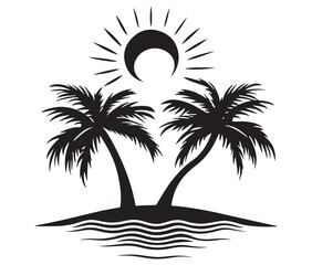 Silhouette tropical island with palms tree and landscape vector 