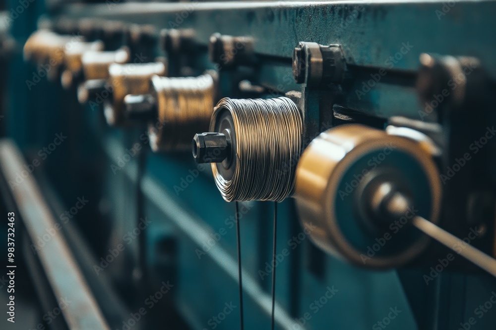 Aufkleber close-up of a wire drawing machine in an industrial setting, highlighting the precision and automati