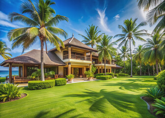 Luxurious tropical resort villa with elegant architecture surrounded by lush green lawn and palm trees, perfect for relaxation and exotic getaway.