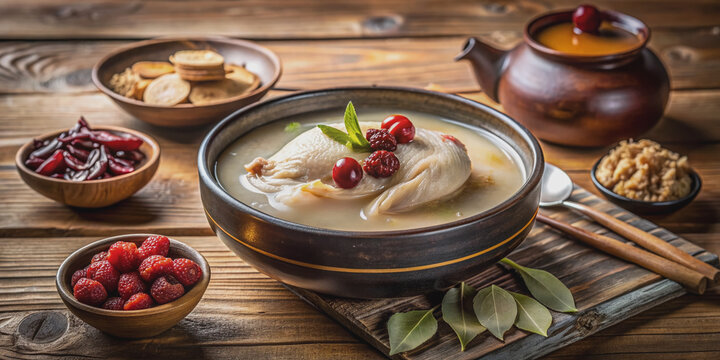 Traditional Korean Samgyetang ginseng chicken soup served in ornate bowl with jujubes, alongside steaming cup of ginseng tea, on wooden table, with subtle natural light.