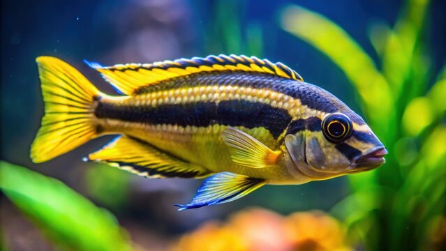 Vibrant yellow and black striped Melanochromis auratus fish swimming in aquarium, fish, cichlid, yellow, black