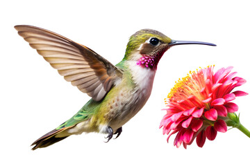Vibrant hummingbird hovering near pink flower