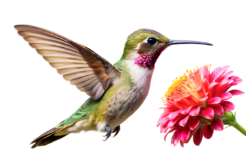 Vibrant hummingbird hovering near pink flower