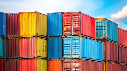 Fototapeta premium Colorful cargo containers stacked high against bright blue sky, showcasing vibrant mix of red, yellow, blue, and orange hues. scene captures essence of shipping and logistics