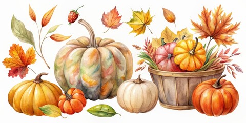 Collection of watercolor s featuring autumn items, watercolor, s, autumn, fall, leaves, pumpkins, acorns, apples