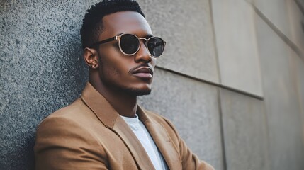 Fototapeta premium A Young Man Wearing Sunglasses Leans Against a Wall