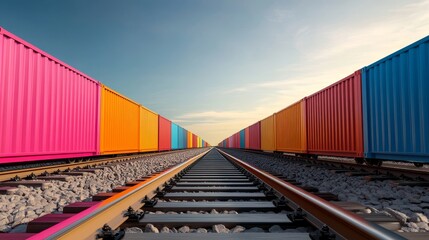 Fototapeta premium Colorful cargo containers stacked on railway tracks, symbolizing global trade, transportation, logistics, industry, and growth.