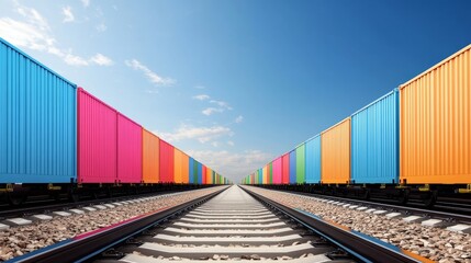 Fototapeta premium Colorful cargo containers stacked on railway tracks symbolizing global trade, logistics, transportation, growth, and movement.