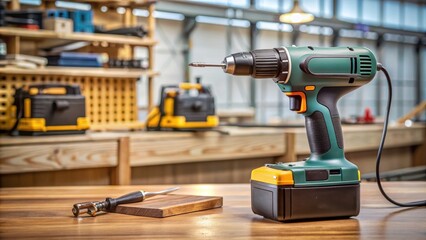 A stock photo featuring a battery drill and charger on a workbench, tools, power tool, equipment, construction