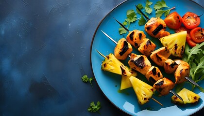 Savory grilled chicken skewers paired with pineapple and colorful vegetables on a vibrant blue plate