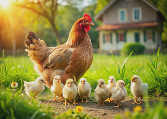 Fototapeta premium Mother hen tenderly watches over her brood of chicks foraging freely in lush green grass of a rural village farm, basking in warm sunlight.