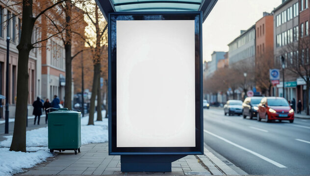 Blank billboard poster at bus stop. Generative AI