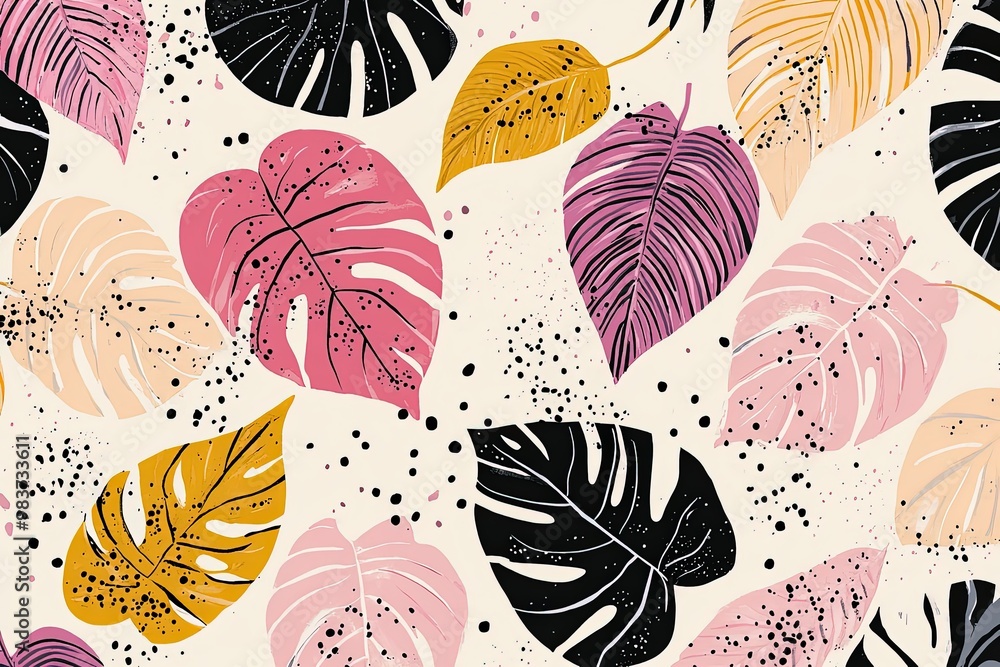 Poster Abstract pattern with simplified tropical leaves and artistic dots