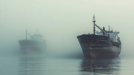 Fototapeta premium Stranded cargo ships are seen offshore, shrouded in thick fog, creating mysterious and eerie atmosphere. stillness of water enhances sense of isolation