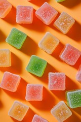 Gummy candy fruit on orange background 
