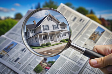 Magnifying glass zooms in on a newspaper classifieds section, focusing on a house listing, symbolizing the search for a perfect dream home with meticulous attention to detail.
