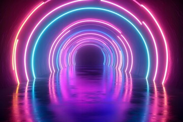 Abstract neon light background with glowing round arches and lines, blue, pink, and purple gradient.