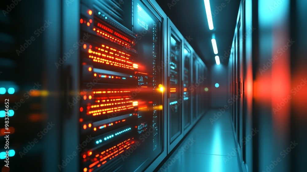 Poster data center server racks with blinking lights symbolizing technology, connectivity, processing power