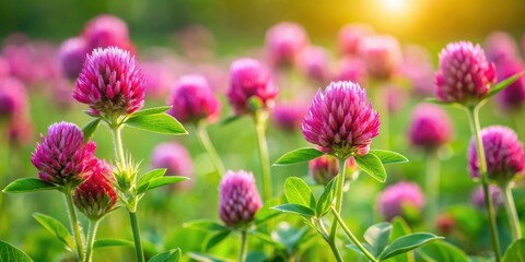 Fototapeta premium Close-up of vibrant red clover flowers in a lush green meadow, clover, flowers, background, vibrant, red, green, meadow, nature