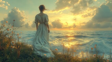 A serene figure gazes at a sunset over the ocean.