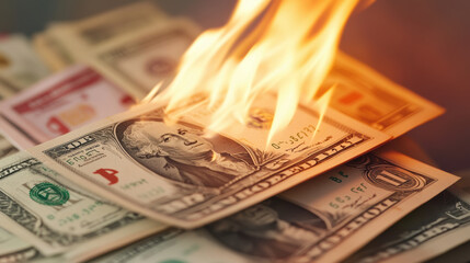Burning money symbolizes waste and loss, capturing intense emotions associated with financial destruction. image features stacks of money engulfed in flames, illustrating dramatic scene