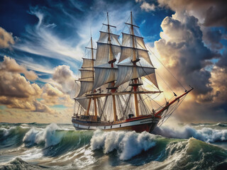 Obraz premium Majestic tall ship with billowing sails navigates through rough, turbulent waters, its sturdy hull and towering masts standing strong against the powerful ocean forces.