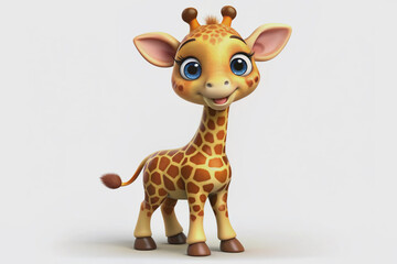 Adorable smiling giraffe cartoon character with bright brown eyes and spots stands upright on white studio background with subtle shadow effect.