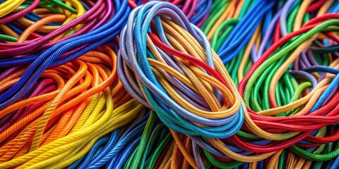Close-up view of diverse colored cords bundled together, diversity, organization, cables, variety, assortment, colorful