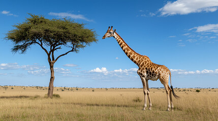 Giraffe Grazing on Tall Trees in a Safari Landscape