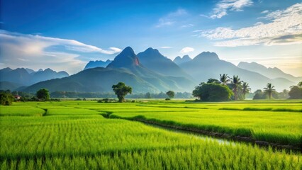 Fototapeta premium Beautiful rice field landscape with mountains in the background, scenic, countryside, rural, agriculture, serene