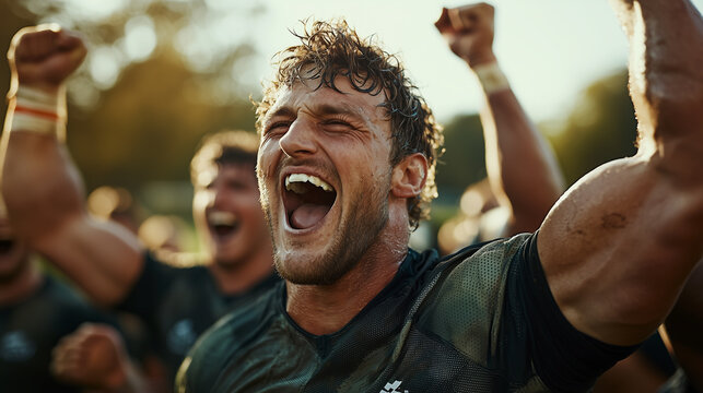 Group of Rugby Players in a Post-Match Celebration