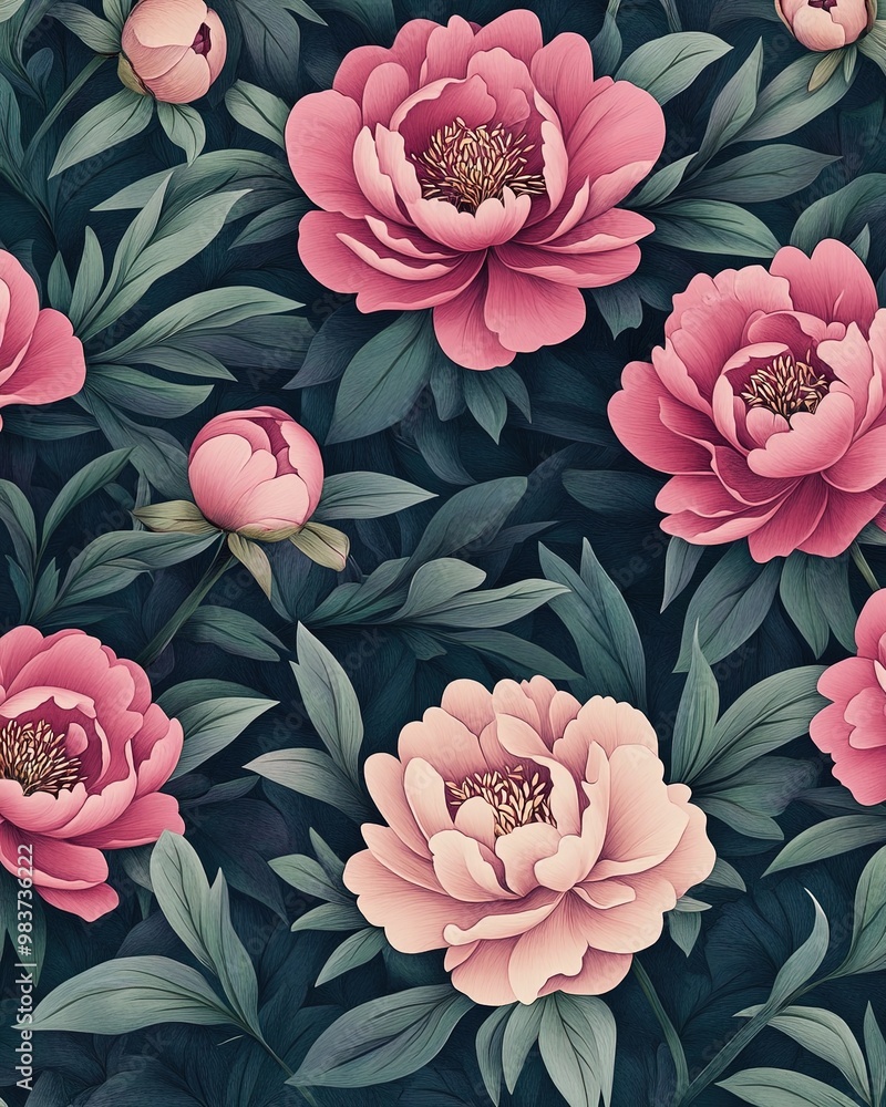 Poster Seamless floral pattern with blooming peonies on dark background for design projects