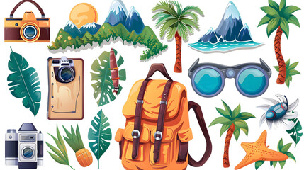 Summer Beach Travel Icons - Colorful Stickers of Cocktails, Glasses, and Tourism Symbols for Vacation Vibes , Transparent Background