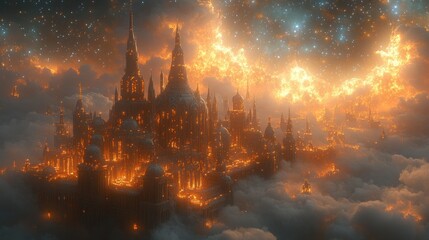 Fototapeta premium A fiery, mystical castle set amidst clouds and stars.