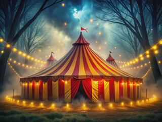 Vibrant yellow and red striped circus tent at night shines with magical lights, surrounded by a mystical and spooky atmosphere, perfect for a horror party.