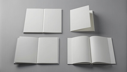 Blank brochures with open and closed covers in various angles and positions are displayed against a clean grey background for customizable design templates.