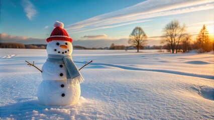 Obraz premium Snowman standing in a field of freshly fallen snow, winter, holiday, Christmas, frosty, cheerful, seasonal, decoration, white