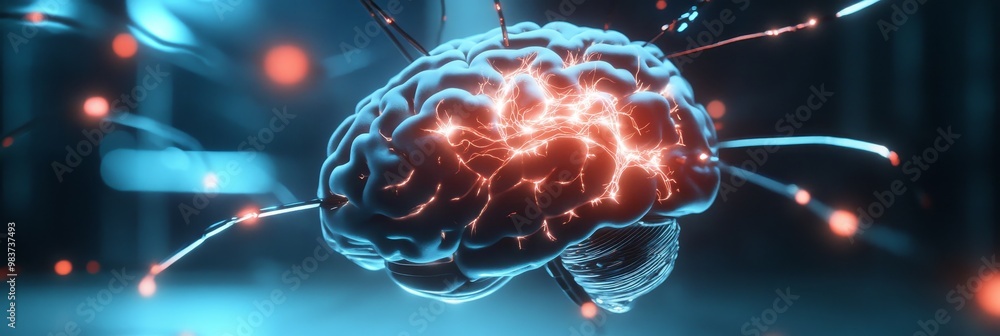 Poster futuristic glowing neural network circuitry representing artificial intelligence, innovation, techno