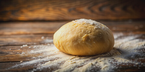Golden dough nicely rounded and smooth, perfectly proofed, sits on a rustic wooden surface, awaiting baking, bathed in soft, warm, and inviting natural lighting.