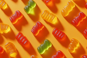 Gummy candy fruit on orange background 