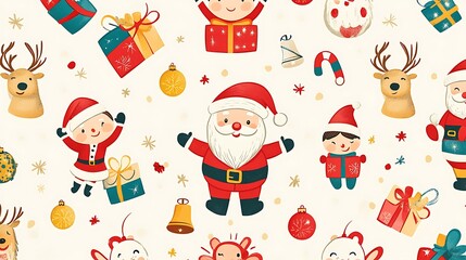 Naklejka premium A vibrant, seamless pattern featuring Santa Claus, boys and girls with gifts, set against a festive background