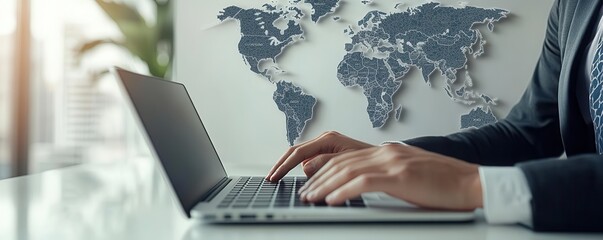 A business professional typing on a laptop, with a world map in the background, symbolizing global connectivity.